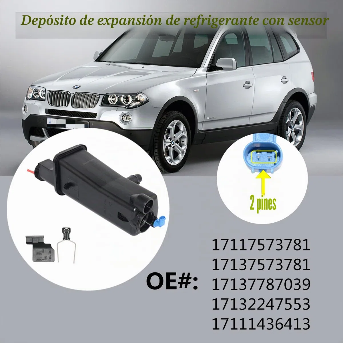 Bisenya Tanque de refrigerante de expansión con sensor compatible con 3 series E46 X3 E83 X5 E53 Z4 E85 1998-2011#17117573781 17137573781 17137787039 17132247553